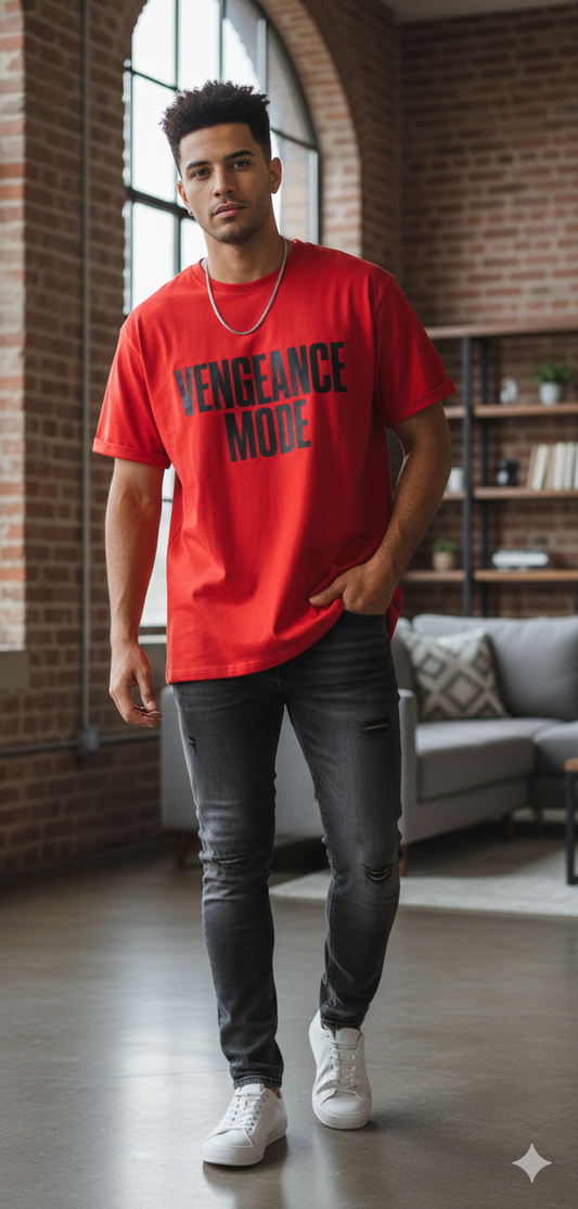 Vengeance Mode Graphic Printed T-Shirt – Bold Streetwear Style (Red)