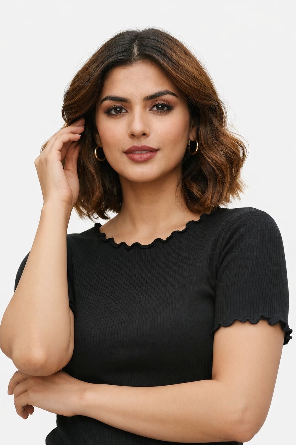 Black Ribbed Fitted Top with Lettuce Edge