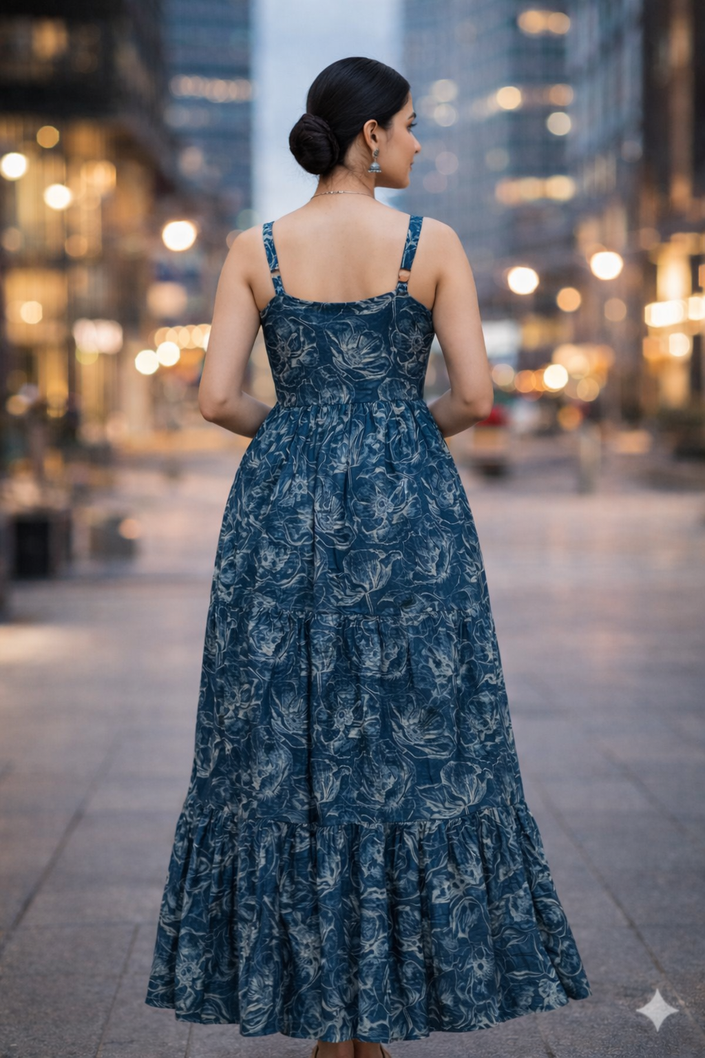 Indigo Bloom Printed Tiered Maxi Dress