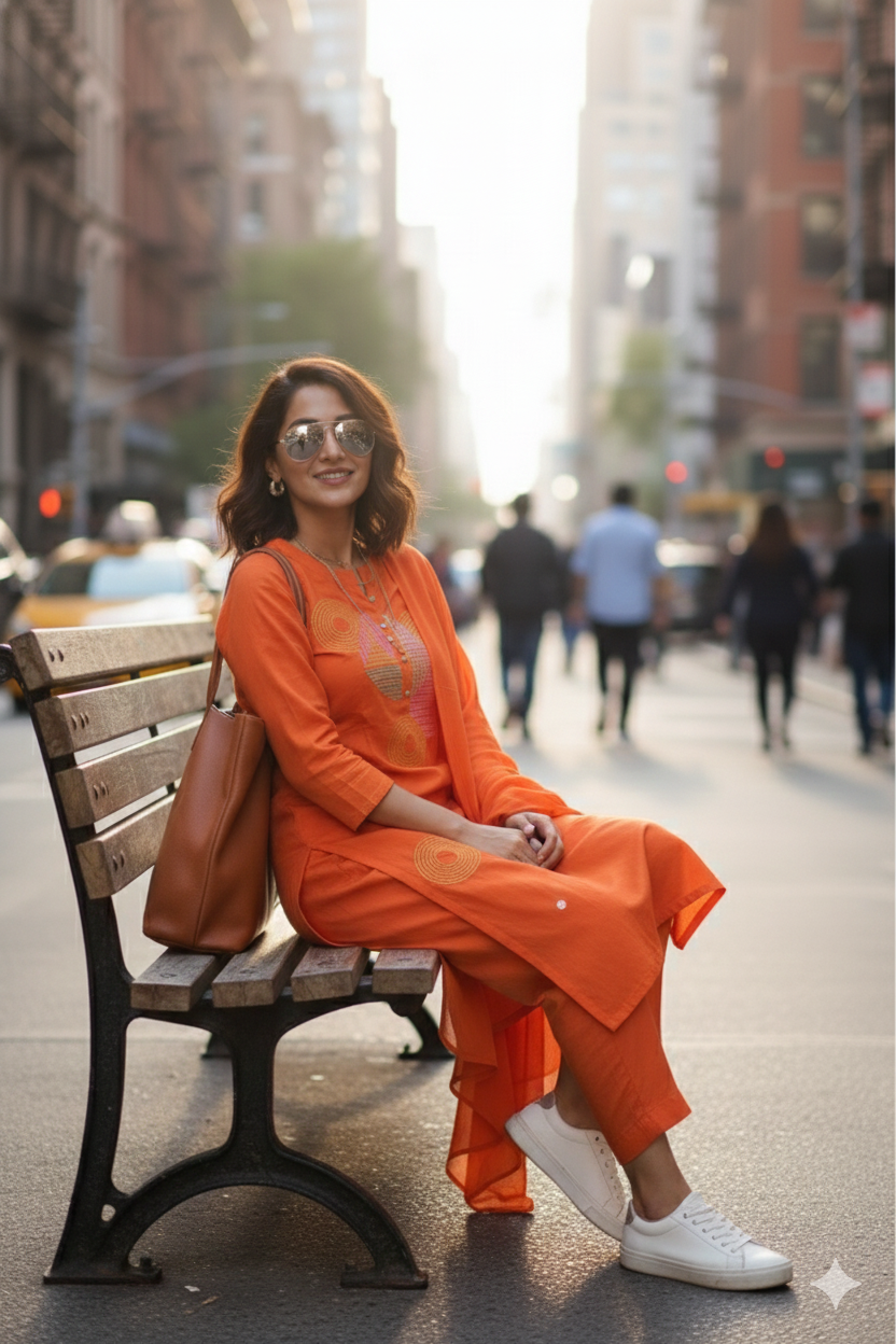Sunset Orange Embroidered Kurta Set with Sheer Dupatta