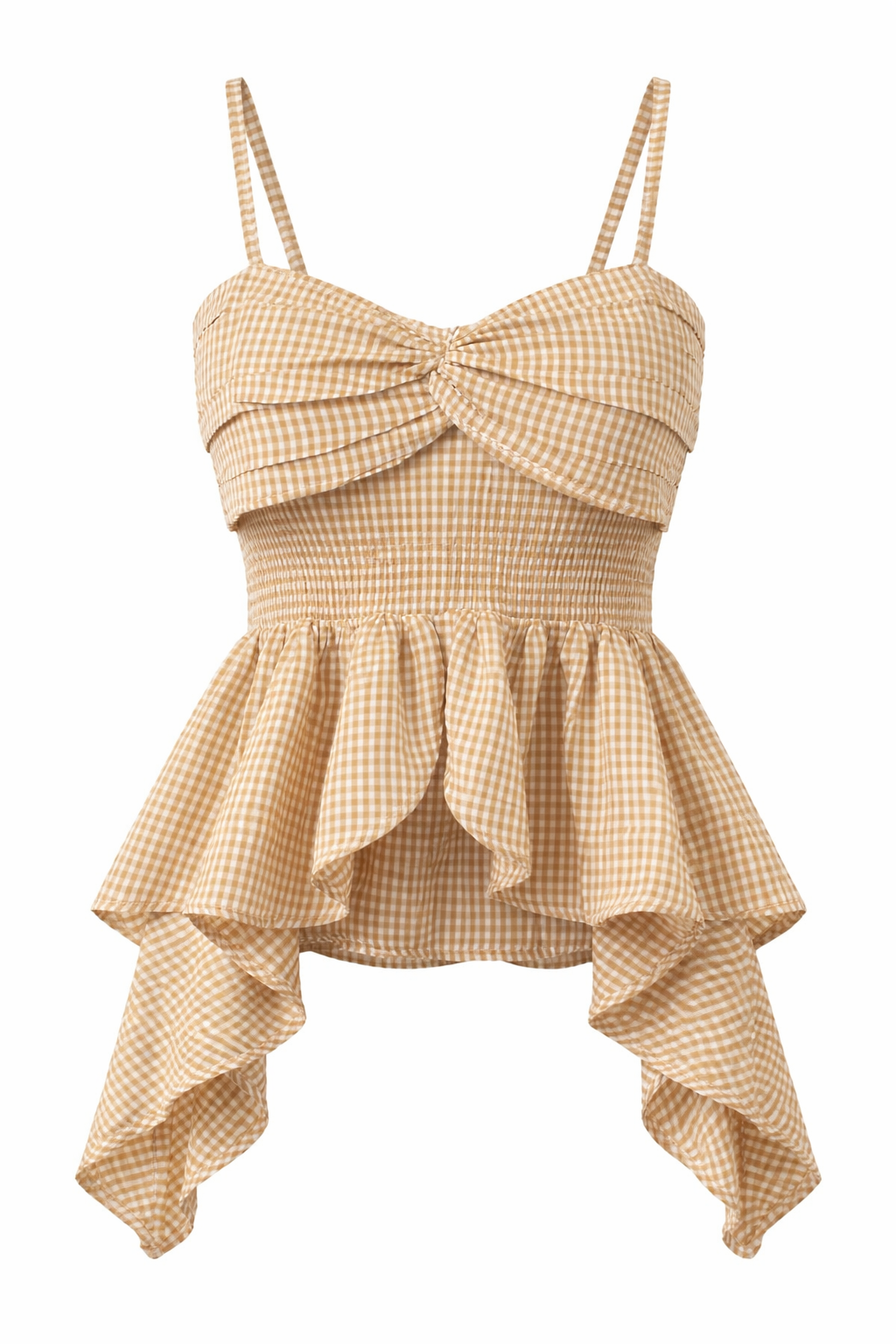 Women Beige Gingham Knot Strap Peplum Top