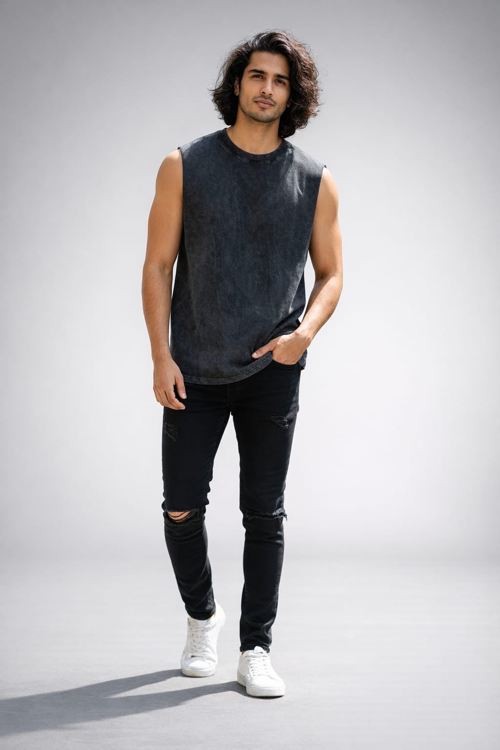 Men’s Charcoal Black Acid Wash Sleeveless Oversized T-Shirt