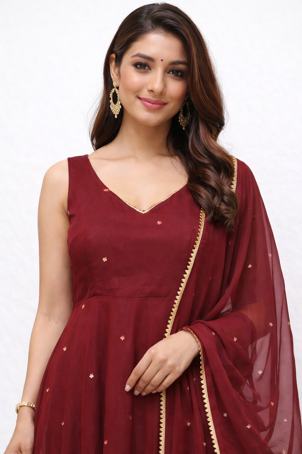 Sleeveless Maroon Anarkali Dress with Dupatta