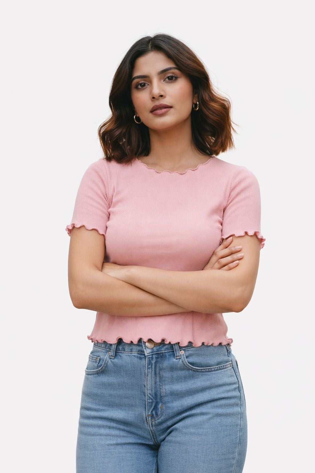 Pink Ribbed Crop Top with Lettuce Hem