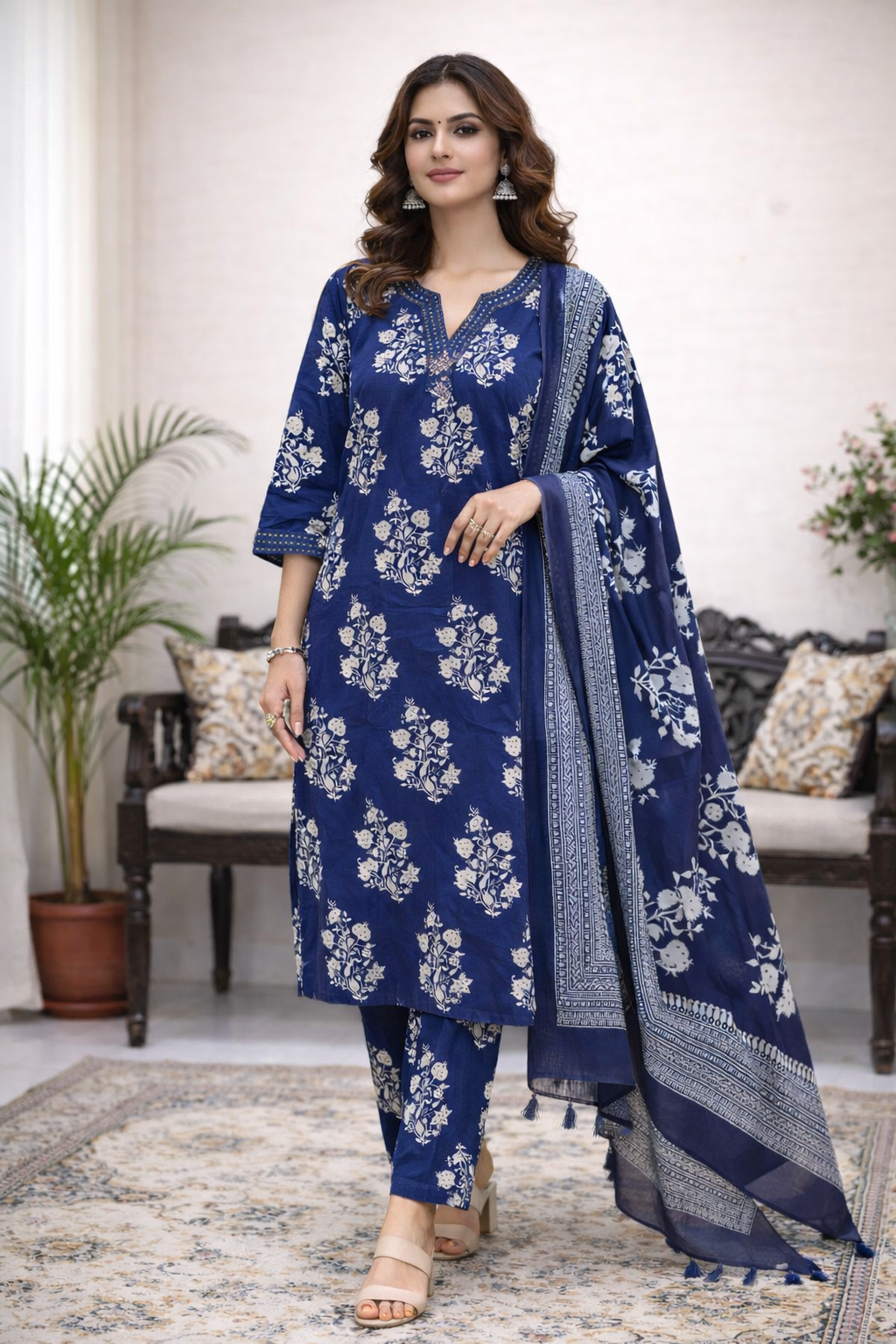Deep Indigo Floral Printed Kurta Set with Dupatta