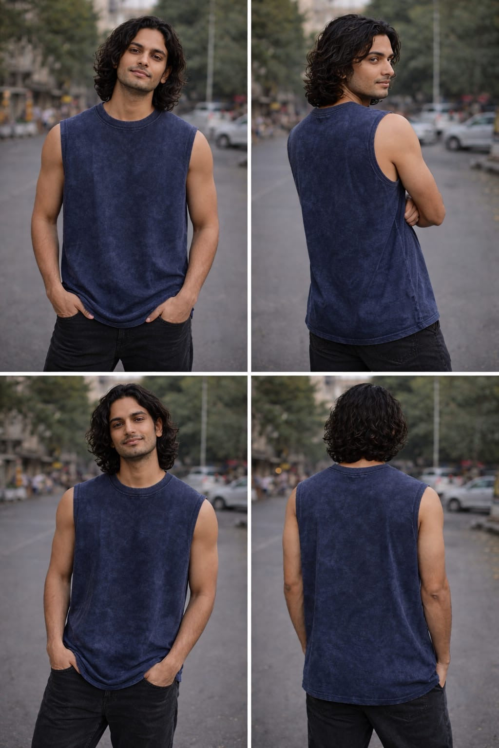 Men’s Navy Blue Acid Wash Sleeveless Oversized T-Shirt
