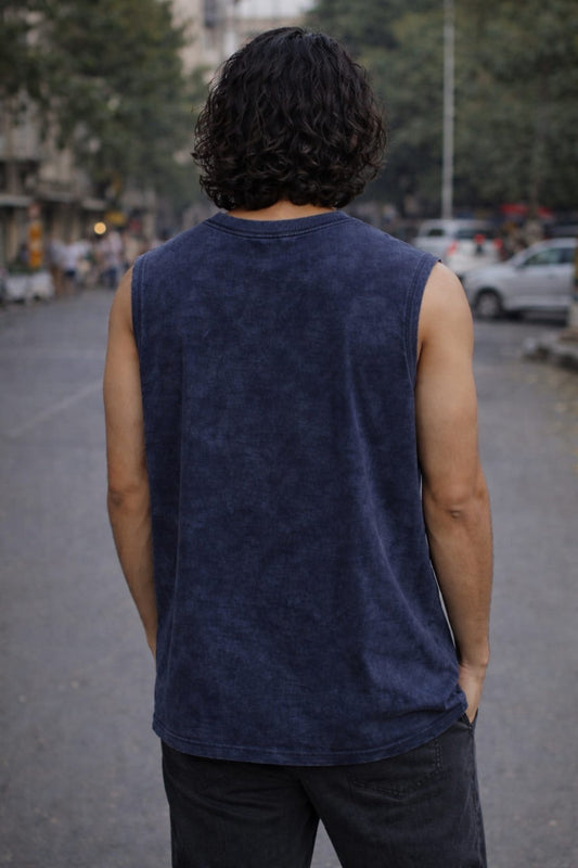 Men’s Navy Blue Acid Wash Sleeveless Oversized T-Shirt