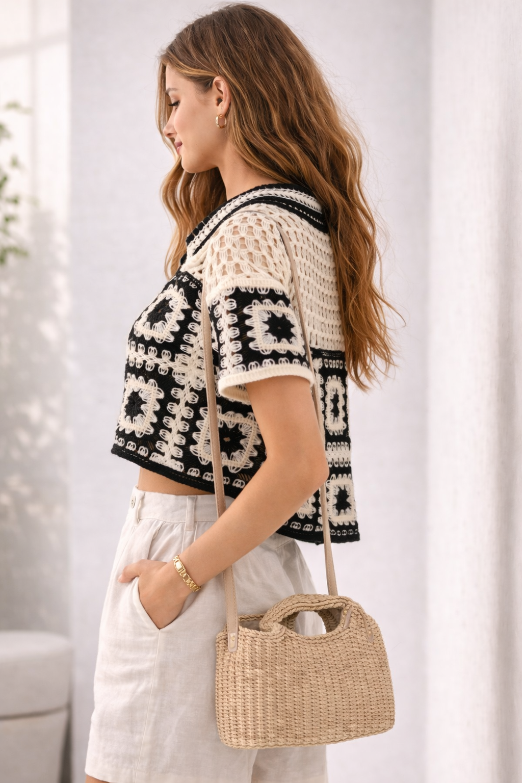 Vintage Crochet Button-Down Crop Top – Black & Ivory