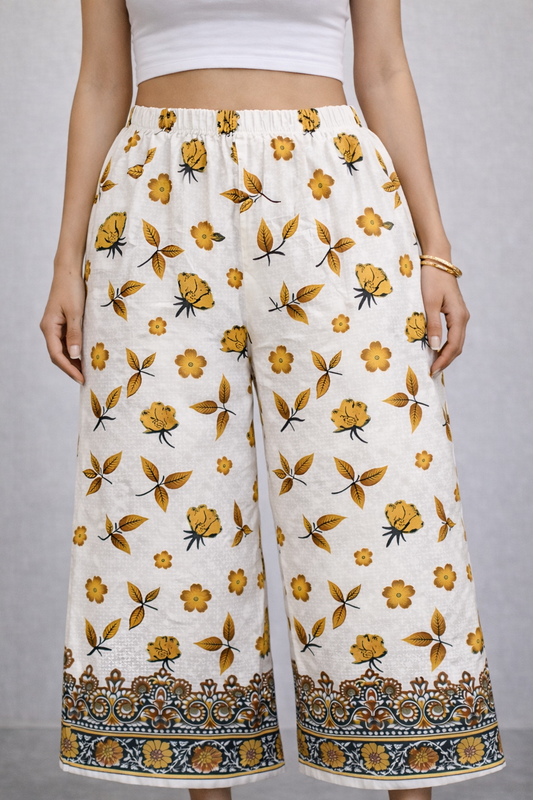 Women’s Yellow Floral Printed Straight-Fit Casual Trousers