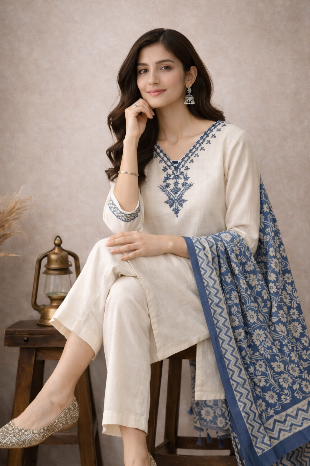 Ivory Blue Hand-Embroidered Kurta Set with Printed Dupatta