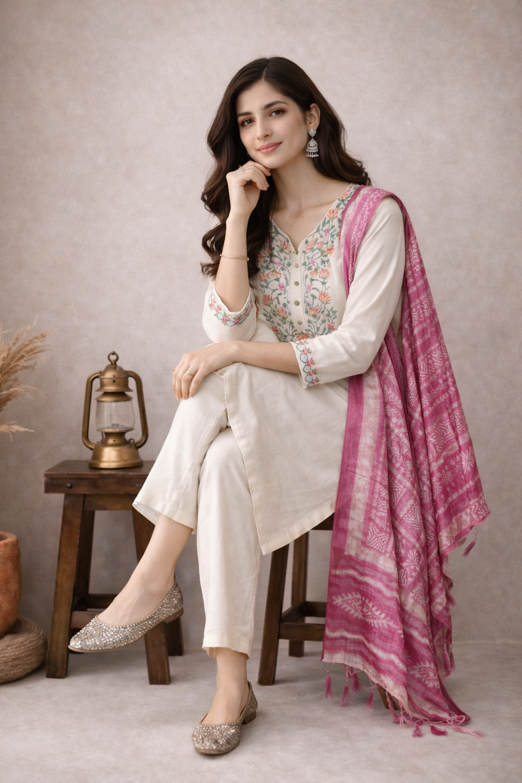 Ivory Bloom Embroidered Kurta Set with Pink Dupatta