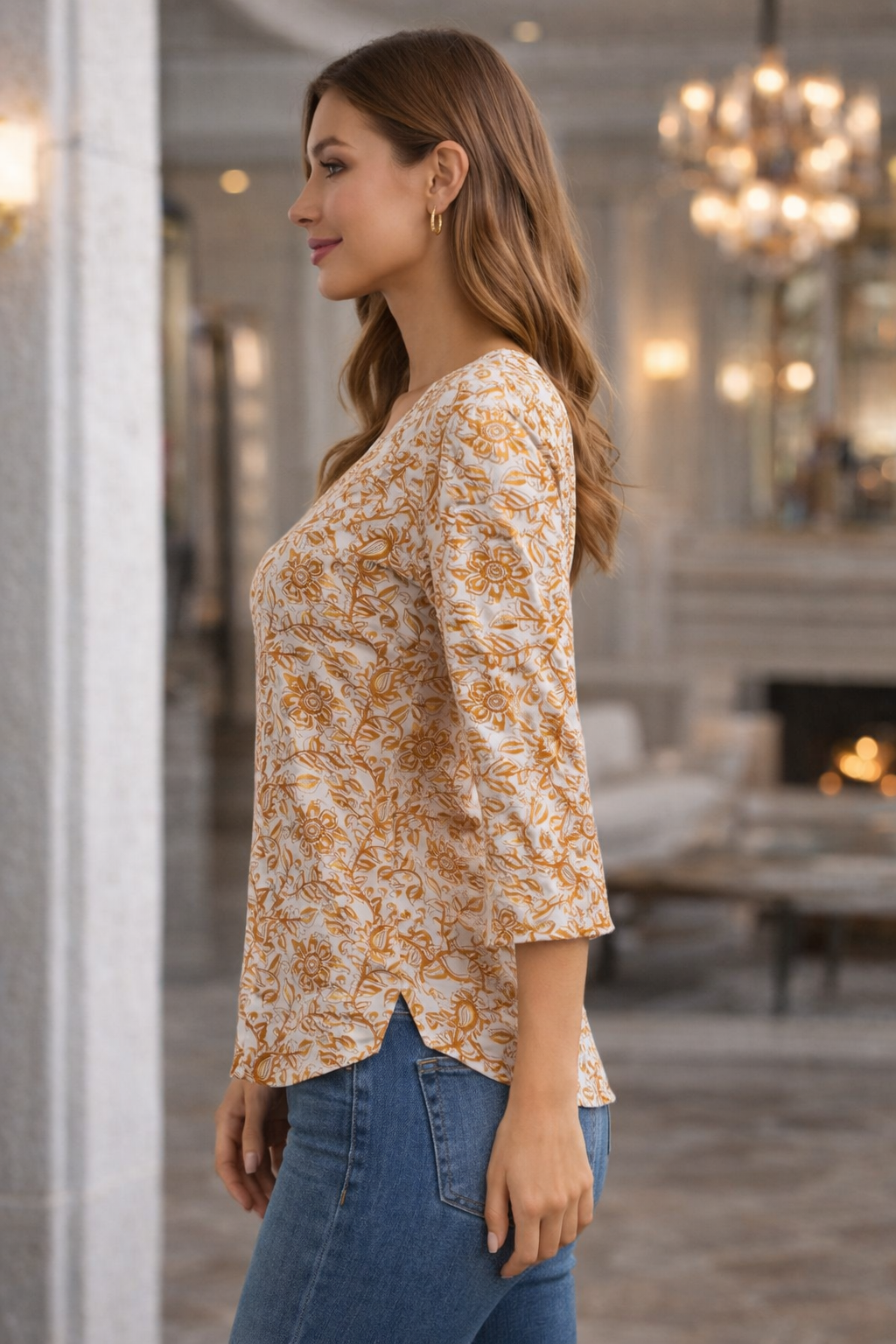 Women’s Printed Cotton Tunic Top – V-Neck, 3/4 Sleeve (White & Mustard Ochre)