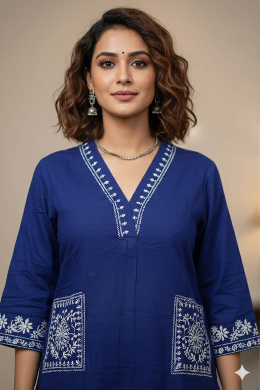 Elegant Royal Blue Cotton Kurta Pant Set for Women