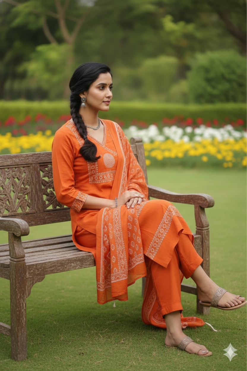 Bright Tangerine Embroidered Kurta Set with Sheer Dupatta