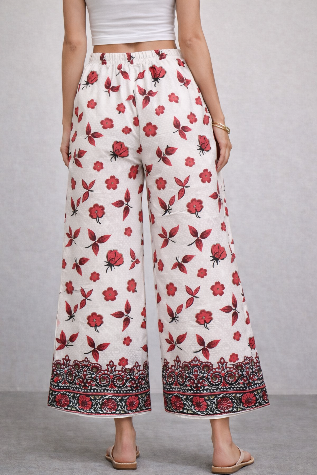 Women’s Red Floral Printed Straight-Fit Casual Trousers