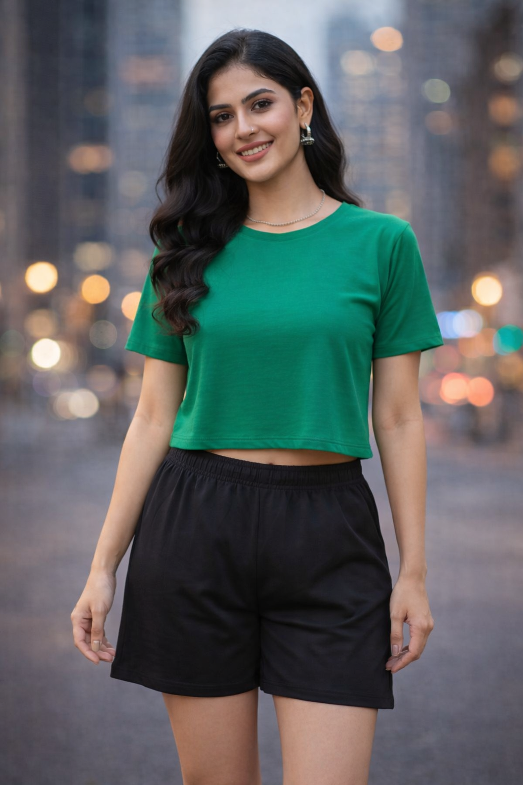 Emerald Green Crew Neck Cotton Crop Top for Women (Casual Streetwear Essential)