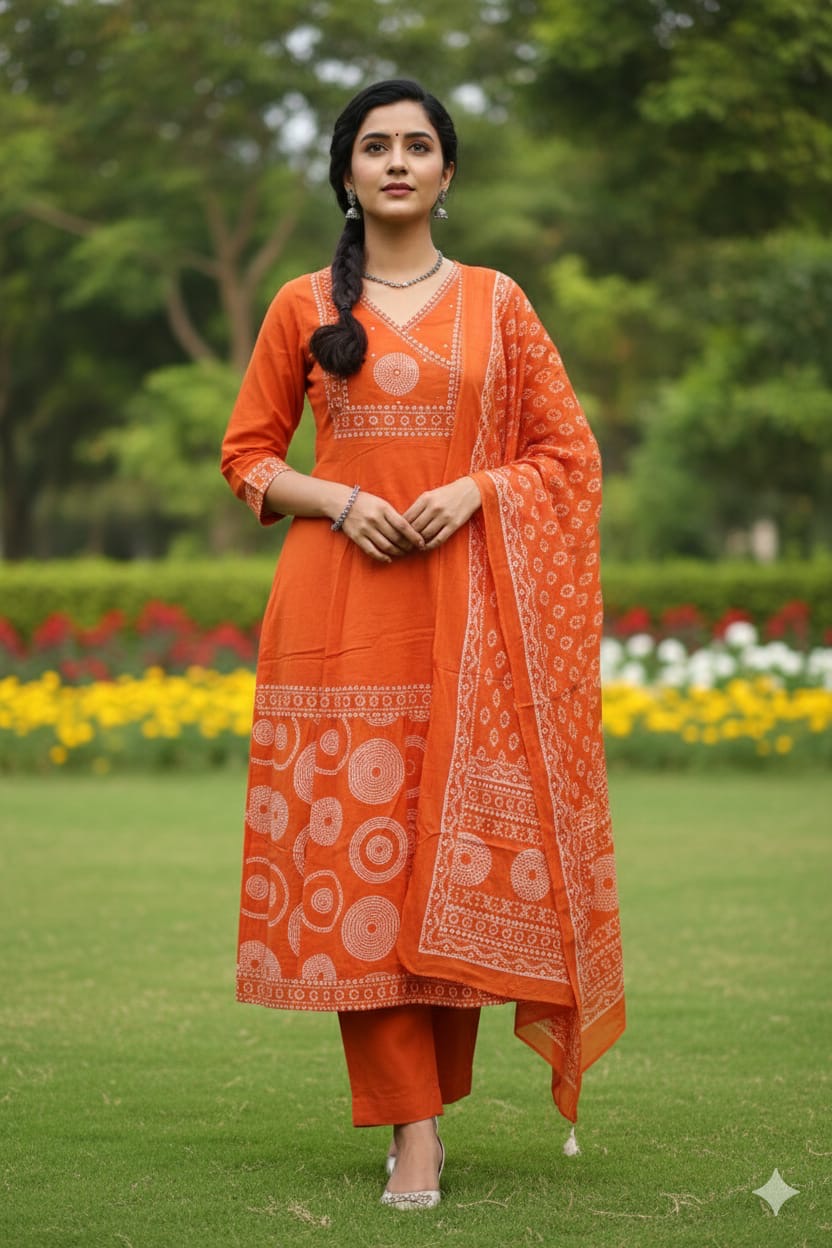 Bright Tangerine Embroidered Kurta Set with Sheer Dupatta
