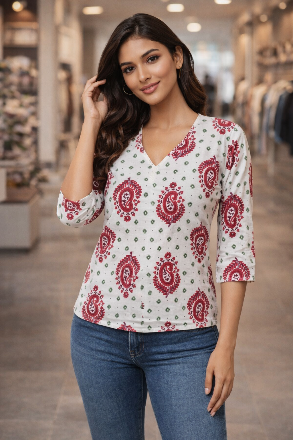 Women’s Printed Cotton Tunic Top – V-Neck, 3/4 Sleeve (White, Red & Green)