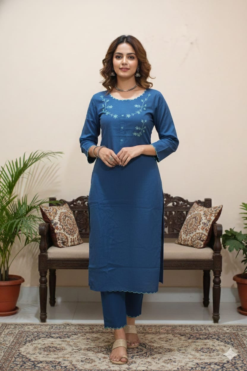 Teal Bloom Embroidered Kurta Set with Printed Dupatta