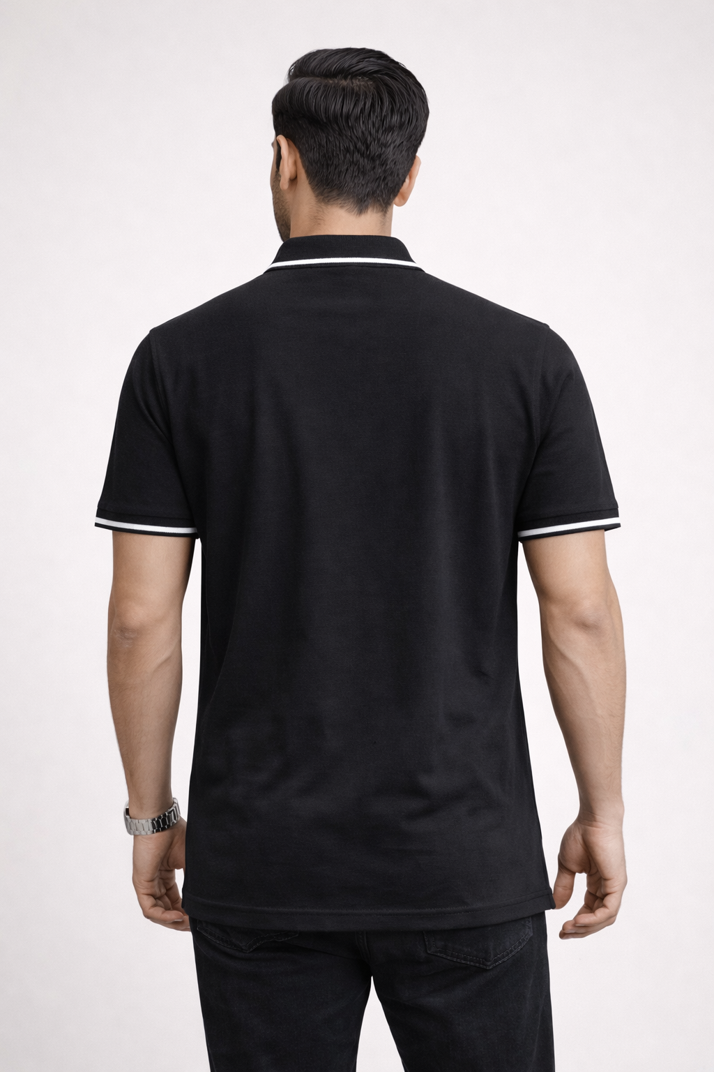 Men’s Black Polo T-Shirt with White Tipped Collar & Sleeves