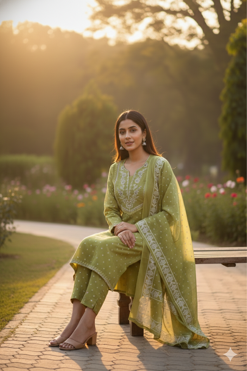 Olive Green Embroidered Kurta Set with Soft Dupatta