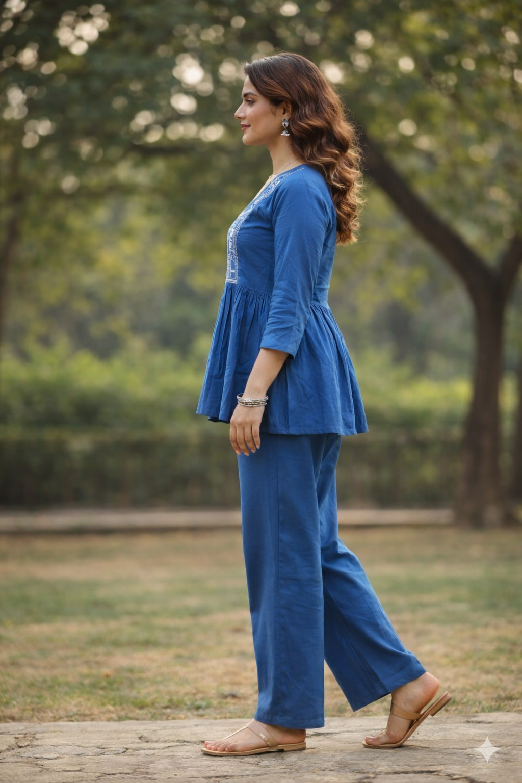 Indigo Bloom Embroidered Cotton Co-ord Set