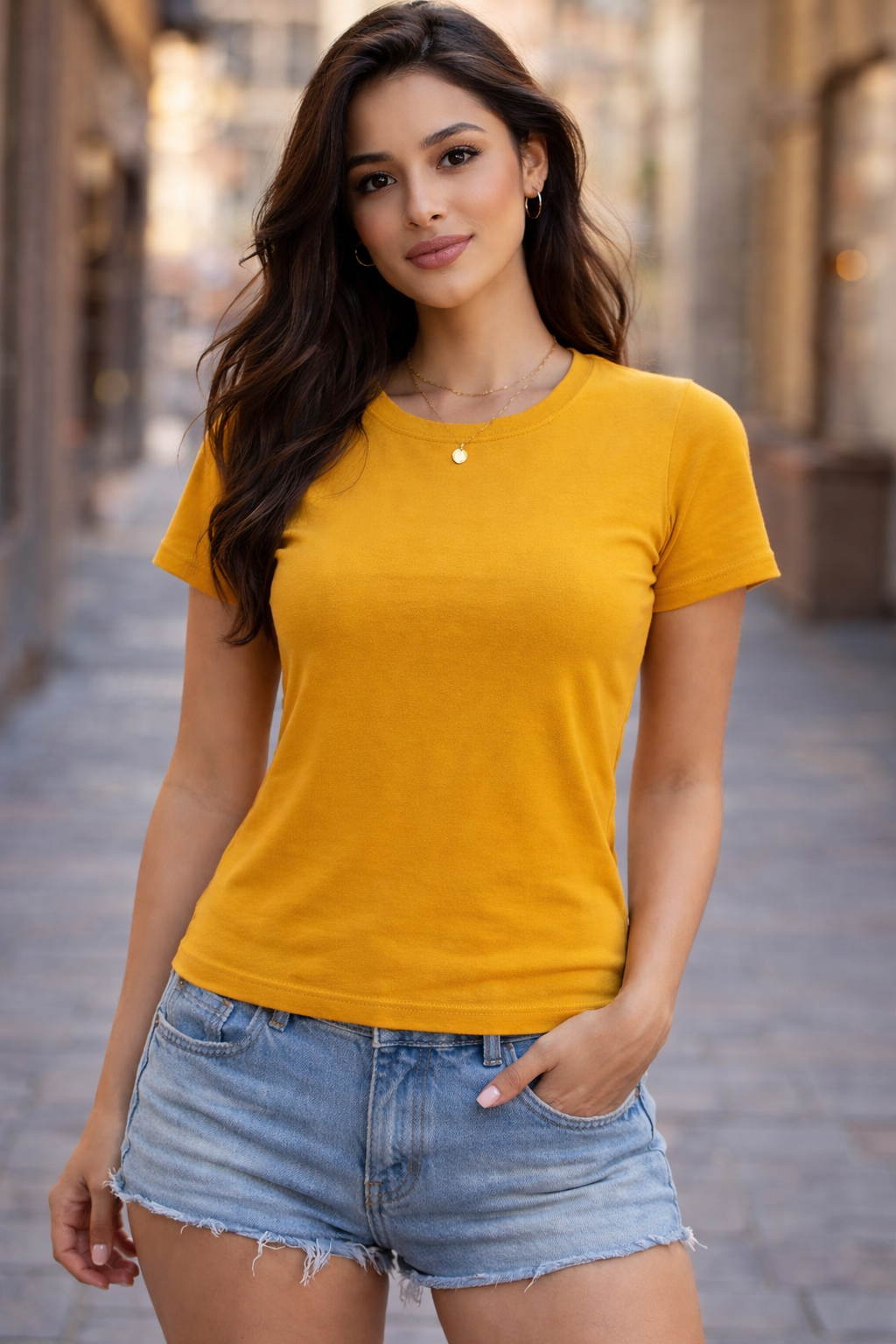 Mustard Yellow Crew Neck Cotton T-Shirt for Women (Everyday Casual Essential)