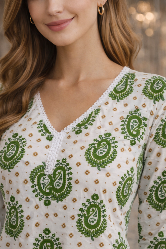 Women’s Printed Cotton Tunic Top – V-Neck, 3/4 Sleeve (White & Olive Green)