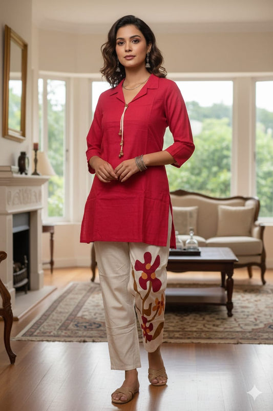 Crimson Red Solid Kurta Co-Ord Set with Floral Accent Pants