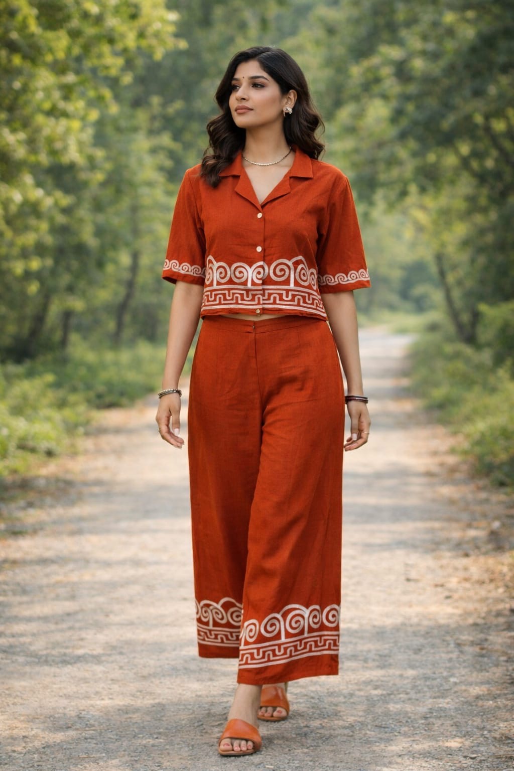 Rust Brown Linen Co-Ord Set with Crop Shirt & Wide-Leg Pants