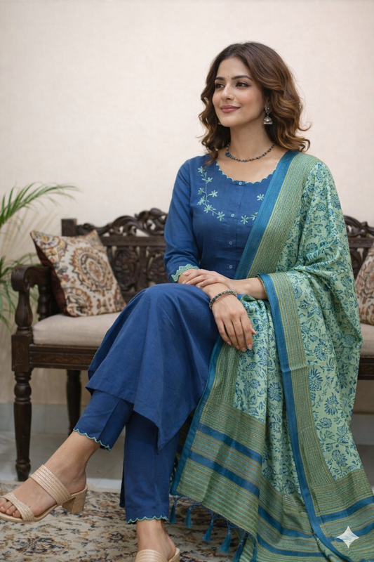 Teal Bloom Embroidered Kurta Set with Printed Dupatta