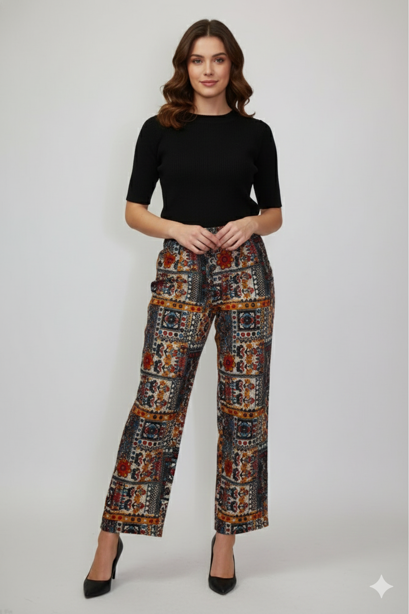 Women’s Multicolour Printed Straight-Fit Trousers