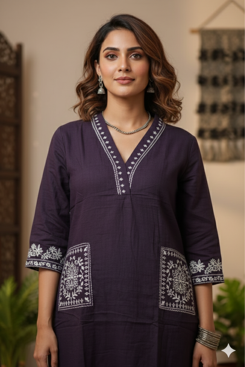 Dark Grape Purple Cotton Kurta Pant Set for Women