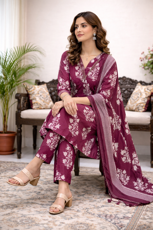Dark Pink Wine Floral Printed Kurta Set with Dupatta