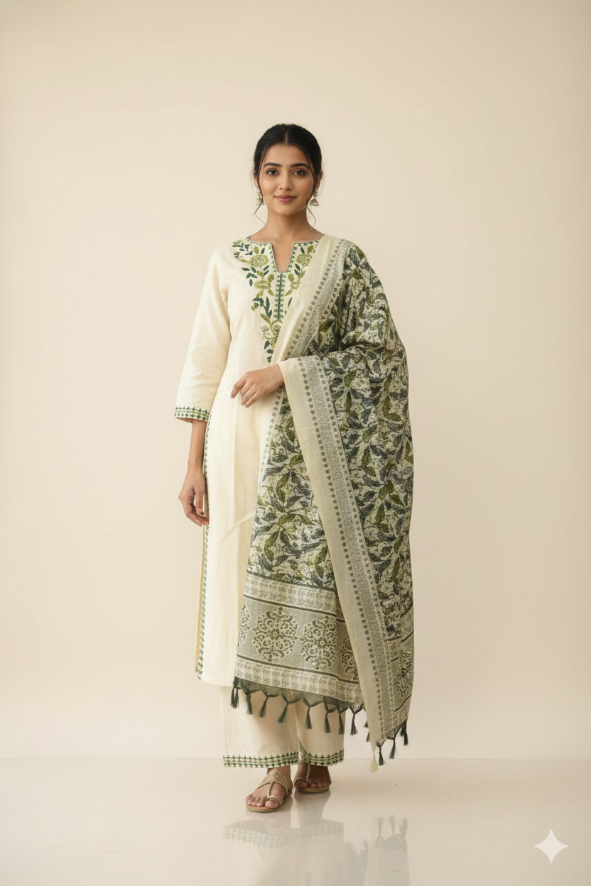 Ivory Green Floral Embroidered Kurta Set with Printed Dupatta