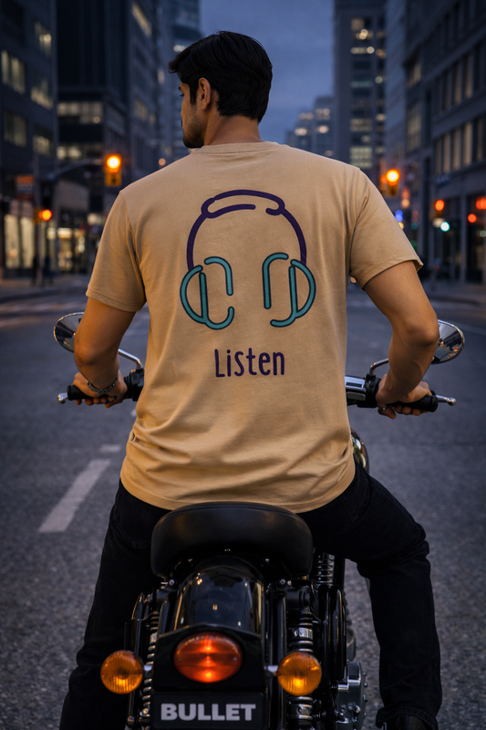 Listen Headphone Minimal Graphic T-Shirt – Back Print (Beige/Tan)