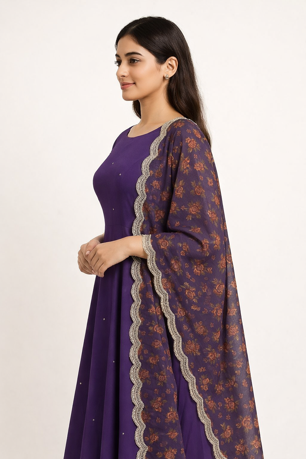 Royal Plum Anarkali Kurta Set with Printed Dupatta