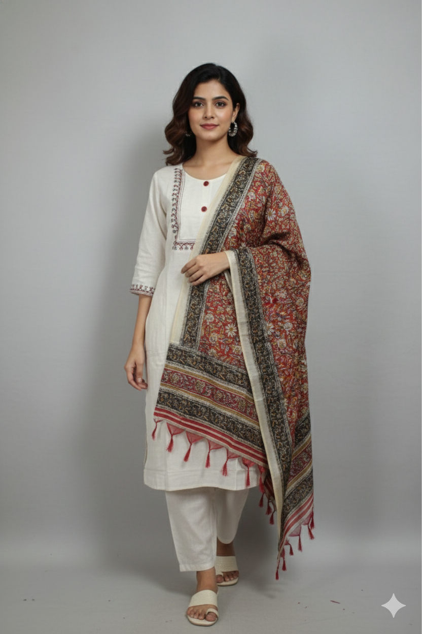Ivory Rust Printed Kurta Set with Traditional Dupatta