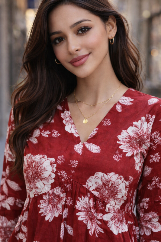 Women’s Floral Printed Cotton Tunic Top – V-Neck, 3/4 Sleeve (Wine Red)