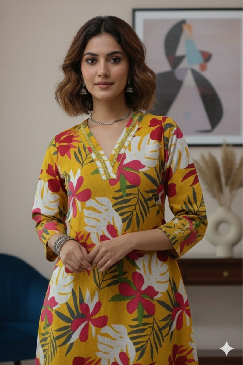 Radiant Yellow Cotton A-Line Co-ord Set with Side Floral Embroidery