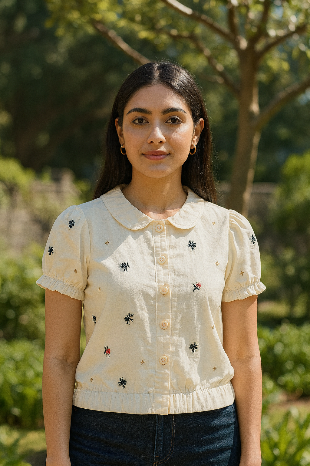 Embroidered Puff Sleeve Cotton Top