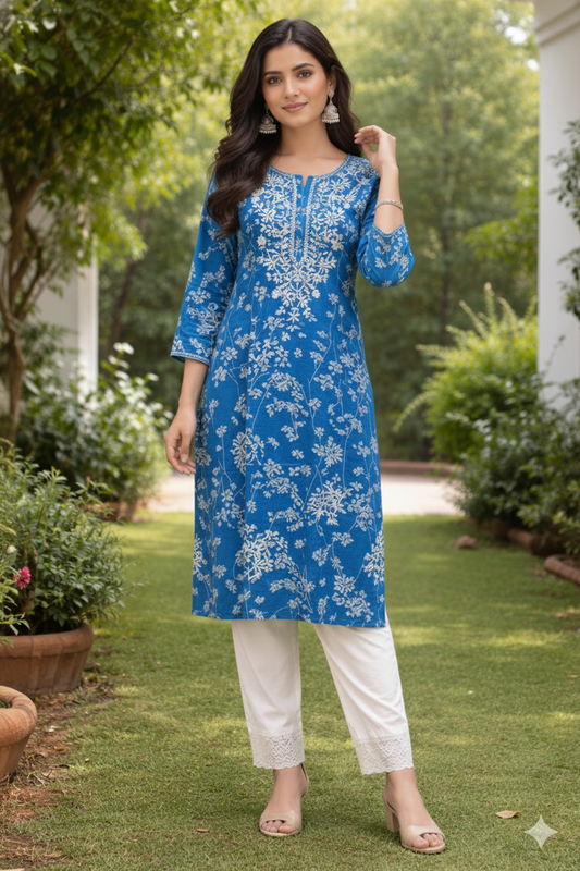 Azure Blue Floral Embroidered Kurta Set