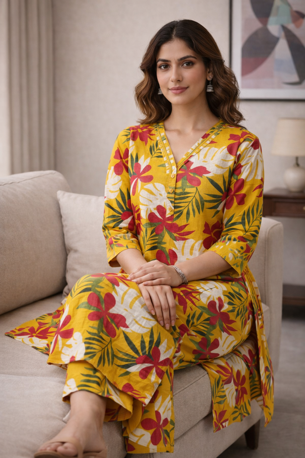 Radiant Yellow Cotton A-Line Co-ord Set with Side Floral Embroidery