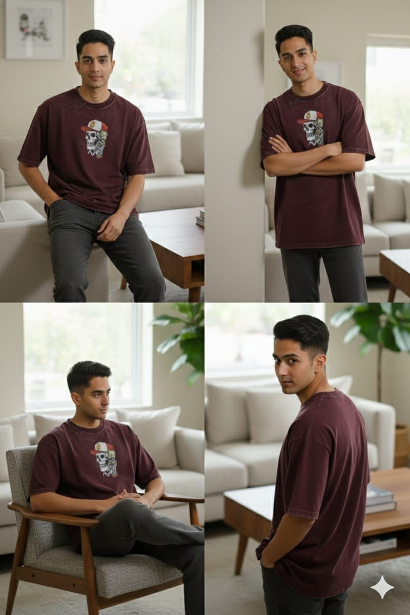 Men’s Burgundy Acid Wash Oversized Graphic T-Shirt – Skull Print