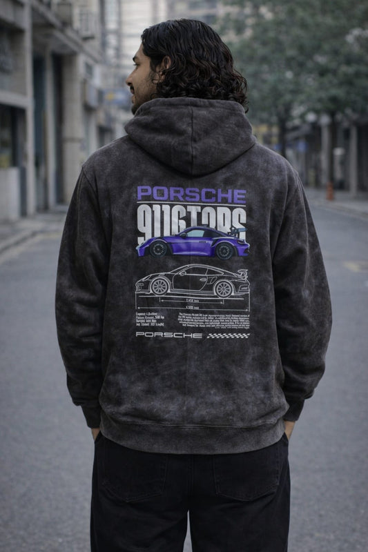 Men’s Charcoal Black Acid Wash Oversized Hoodie – Porsche Graphic Print