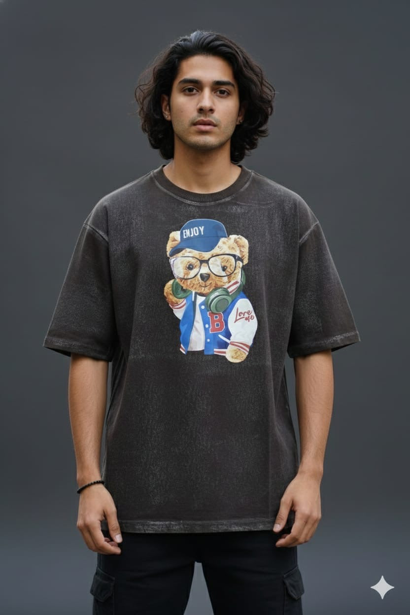 Men’s Charcoal Black Acid Wash Oversized Graphic T-Shirt