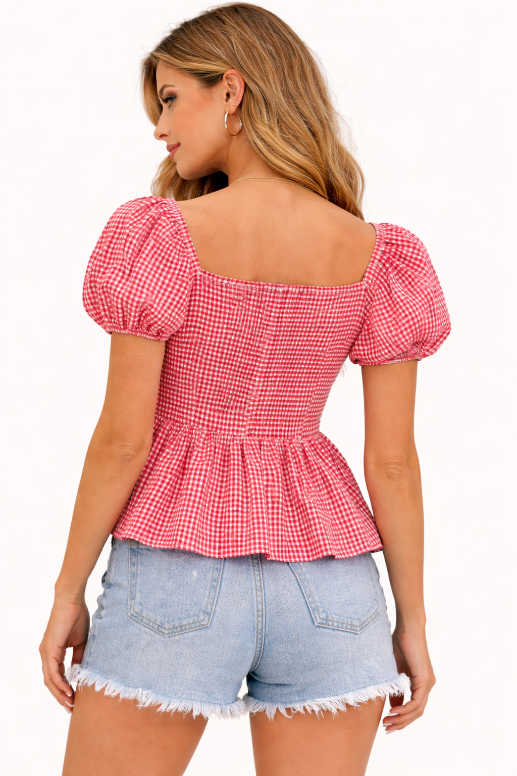 Women Red Gingham Peplum Top