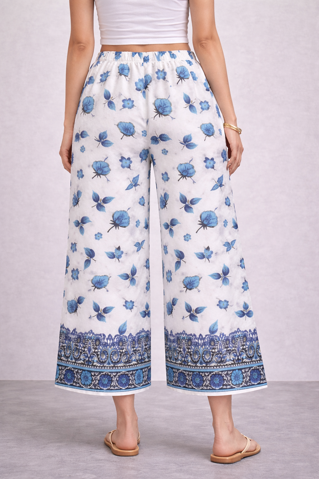Women’s Blue Floral Printed Straight-Fit Casual Trousers