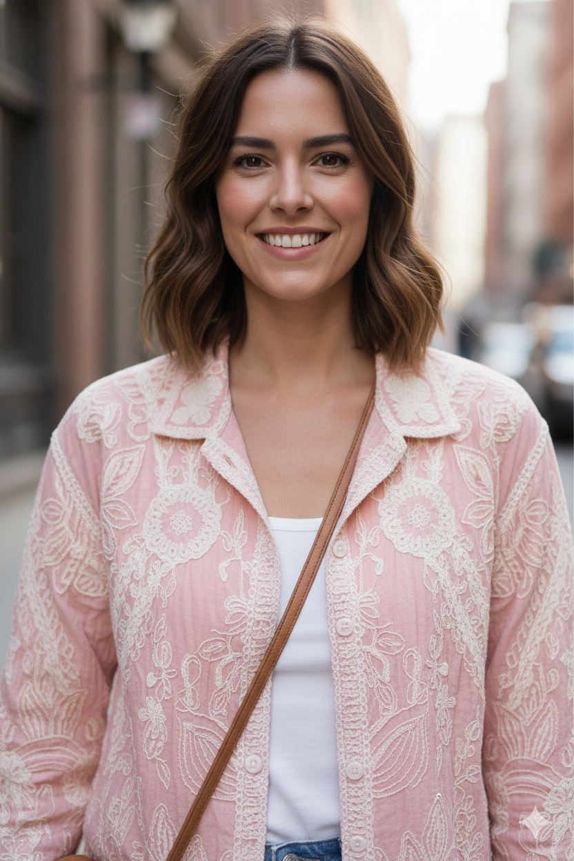 Blush Pink Floral Embroidered Cotton Jacket Top