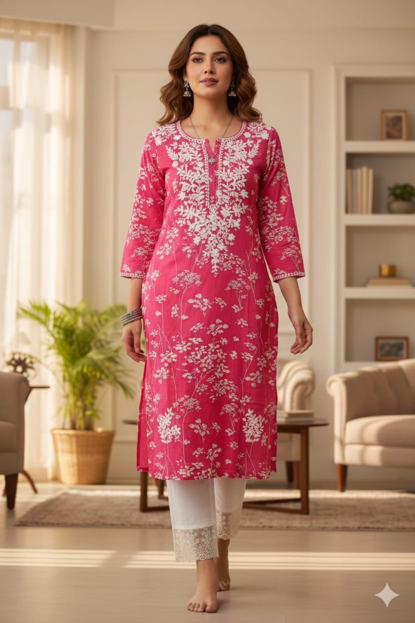 Pink Floral Chikankari Cotton Kurta Set